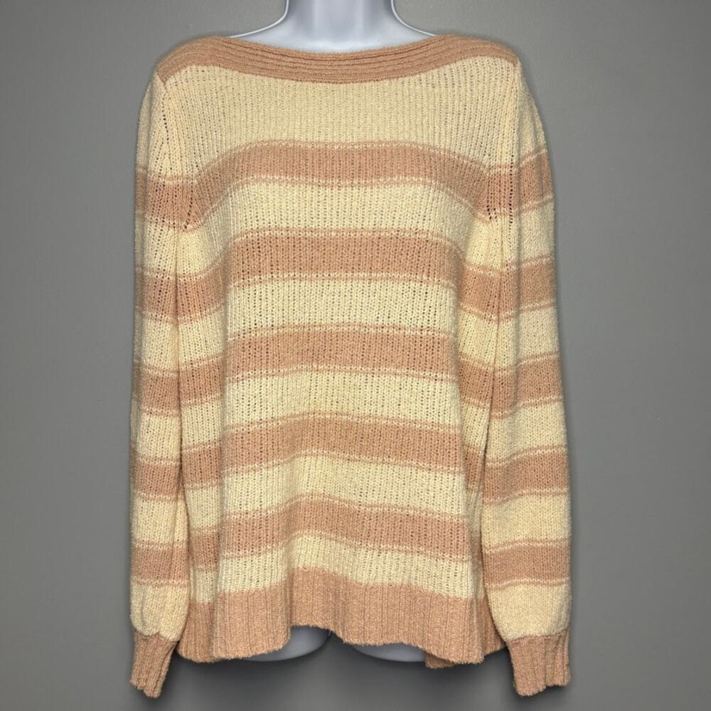 LOFT Pink Ivory Striped Minimalist Feminine Knit Sweater Womens‎ Sz L